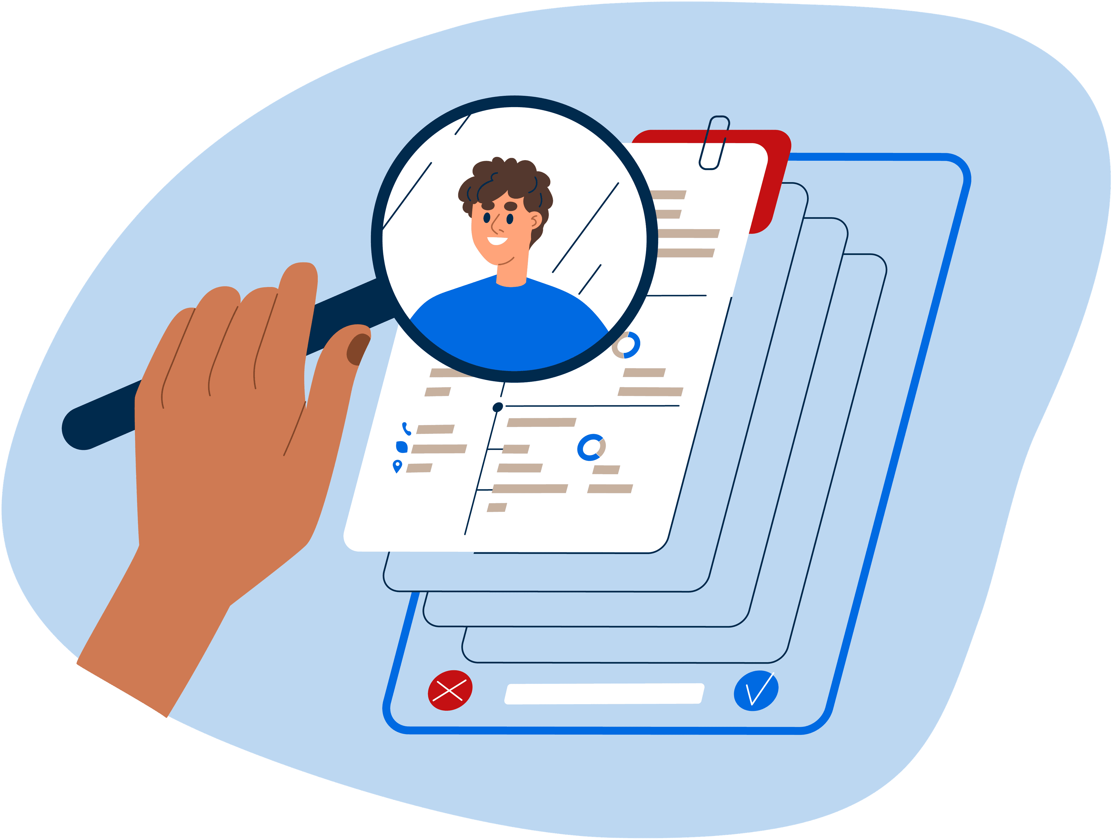 Illustration of hand holding a magnifying glass while inspecting candidates on a ballot