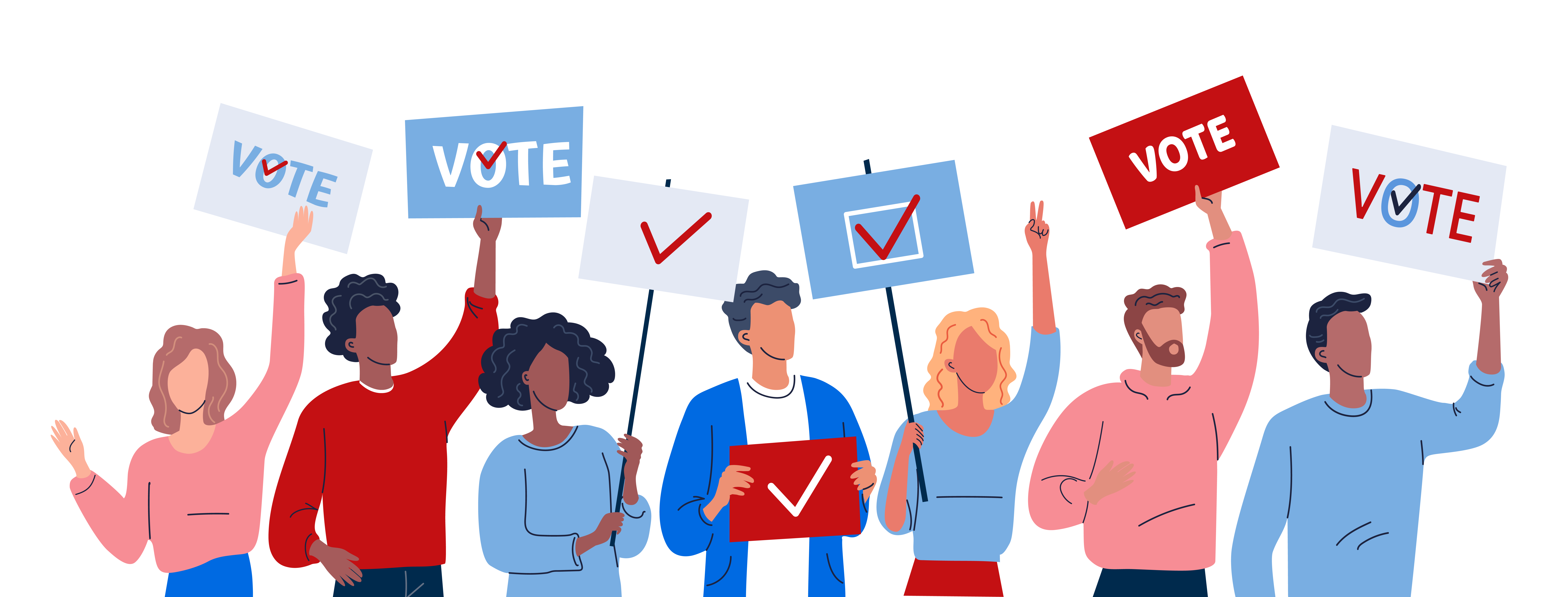 illustration of a crowd encouraging people to vote 